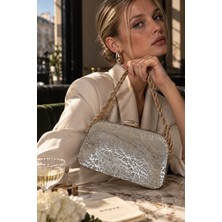 Gnc Design Gümüş Işıltılı Gold Metal Zincirli Kadın Abiye Clutch Portföy Çanta Düğün Davet ve Gece Çantası
