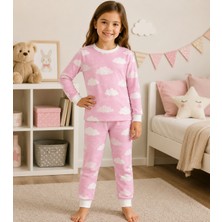 Mivora Kız Çocuk Pijama Takımı – Pembe Bulut Desenli Uzun Kollu Mevsimlik Pijama Seti
