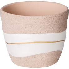 Herdekora Seramik Saksı, Gold Şeritli, Desenli, Bej-Beyaz - 10X8 cm