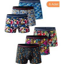 Trendybee Erkek Çocuk Eğlenceli Desenli Esnek Penye Pamuklu Boxer 6'lı Set