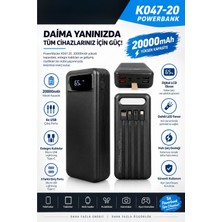 Tekno Hediye Powermaster 20000MAH Powerbank Dijital Ekranlı 4 USB 3 Kablo Type-C Lightning Micro USB LED Fener