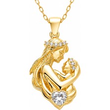 Monçuk Gümüş Anne Bebek Figürlü Kalp Taşlı Gold Kolye