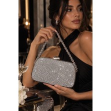 Gnc Design Gümüş Simli Gümüş Metal Zincirli Kadın Abiye Clutch Portföy Çanta Düğün Davet ve Gece Çantası
