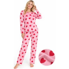 Sleeproom Kadın Süet Mevsimlik Kalp Desen Pudra Pijama Takımı