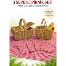 Rosie Kare Hasır Görünümlü 2 Adet Sepet + Piknik Seti 5 Parça