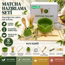 Herbarius 8 Parça Çiçek Desenli Balık Sırtı Kabartmalı Fıstık Yeşili Renk Matcha Çayı Hazırlama Seti - Geleneksel Japon Matcha Seti