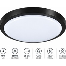 No-Vo 16W LED Tavan Armatürü 25 cm Siyah Kasa 6500K Beyaz Işık Plastik Gövde Yerli Üretim