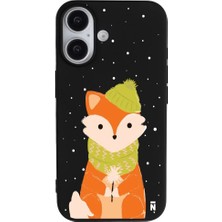 Casen iPhone 16 Siyah Lansman Renkli Silikon Winter Fox Tasarımlı Premium Kılıf