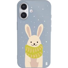 Casen iPhone 16 Mavi Lansman Renkli Silikon Winter Rabbit Tasarımlı Premium Kılıf
