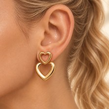 Bartuva Design Gold Renk Çift Kalp Figürlü Çelik Kadın Küpe