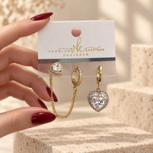 Bartuva Design Gold Renk Kalp Taşlı Zincir Detaylı Çoklu Kadın Küpe Seti