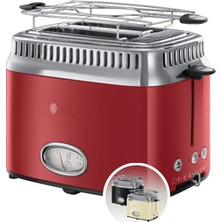 Russell Hobbs Ekmek Kızartma Makinesi [2 Dilim Için] Retro Paslanmaz Çelik Kırmızı (Retro Tasarımda Geri Sayım Ekranı, Ekmek Rulosu Eklentisi, 6 Kızartma Seviyesi + Buz Çözme ve Isıtma Fonksiyonu, 130