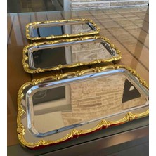 3 Adet Çelik Büyük Dikdörtgen Model Gold Çerçeveli Servis Tepsisi 17*33 cm
