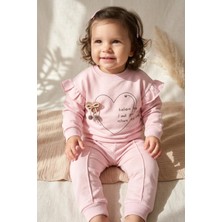 Hoppa Kız Bebek Pembe Kalp Baskılı Fırfırlı Sweatshirt ve Pantolon Takımı - %100 Pamuklu Şık Ikili Kombin