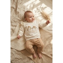 Hoppa Kız Bebek Nakışlı Fisto Detaylı Pamuklu Sweatshirt ve Eşofman Altı Ikili Takım - Krem ve Kahve