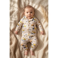 Hoppa Erkek Bebek ve Çocuk Kahve Iş Makineleri Desenli %100 Pamuklu Düğmeli Pijama Takımı - Premium Pijam