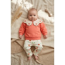 Hoppa Kız Bebek Mercan Çilek Nakışlı Bebe Yakalı Sweatshirt ve Fitilli Pantolon Ikili Takım - %100 Pamukl