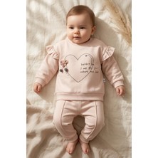 Hoppa Kız Bebek Gül Kurusu Kalp Baskılı Fırfırlı Sweatshirt ve Pantolon Takımı - %100 Pamuklu Şık Ikili K