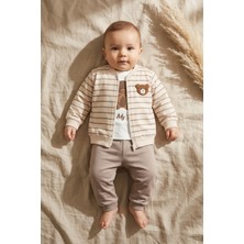 Hoppa Erkek Bebek Bej Çizgili Ayıcık Nakışlı 3'lü Takım - Pamuklu Fermuarlı Hırka ve Rahat Jogger Alt Set