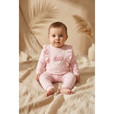 Hoppa Kız Bebek Fırfırlı Kalp Nakışlı 2'li Takım - %100 Pamuklu Pembe Sweatshirt ve Desenli Tayt Kombini