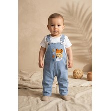 Hoppa Bebek Denim Salopet ve Beyaz Tişört Takımı - Safari Nakışlı Pamuklu Jean Bahçıvan Tulum Seti - Açık