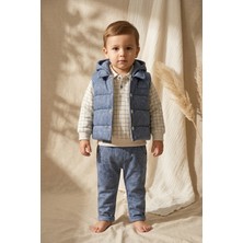 Hoppa Hippıl Erkek Bebek Dusty Blue Fitilli Kapüşonlu Yelek, Ekose Sweatshirt ve Pantolon 3'lü Kombin Tak