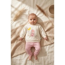 Hoppa Aura Bloom Tavşan Desenli Krem Sweatshirt ve Puantiyeli Pembe Pantolon 2'li Bebek Takımı - %100 Pam