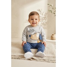 Hoppa Pawsy Cotton Köpek Figürlü 2'li Bebek Takımı - Pamuklu Gri Sweatshirt ve Lacivert Pantolon Seti