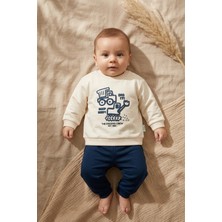 Hoppa Erkek Bebek Pamuklu Iş Makinesi Baskılı Sweatshirt ve Lacivert Pantolon Ikili Takım - Krem/lacivert