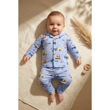 Hoppa Erkek Bebek ve Çocuk Mavi Iş Makineleri Desenli %100 Pamuklu Düğmeli Pijama Takımı - Premium Pijama