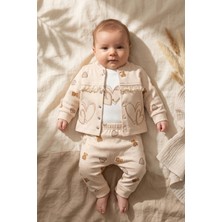 Hoppa Kız Bebek Pembe Ayıcık ve Kalp Desenli Dantel Detaylı 3'lü Takım - %100 Pamuklu Hırka, Body ve Pant