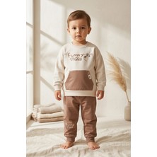 Hoppa Milo Unisex Çocuk Bej & Ekru Funny Time Ayıcık Baskılı Kanguru Cepli Sweatshirt ve Jogger Alt Üst T