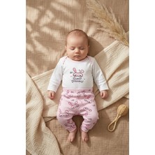 Hoppa Mia Bunny %100 Pamuklu Bebek Takımı - Pembe Tavşan Baskılı Uzun Kollu Body ve Pijama Altı 2'li Set