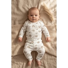 Hoppa Roar %100 Pamuklu Fitilli Erkek Bebek Takımı - Ekru Uzun Kollu Body ve Pantolon Takımı