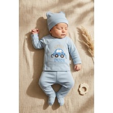 Hoppa Sage Mavi Pamuklu 3’lü Bebek Takımı - Little Cool Dude Nakışlı Kimono Üst, Patikli Alt ve Bere Seti