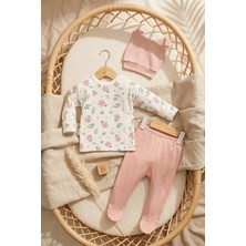Hoppa Mila Blossom %100 Pamuklu Çiçek Desenli 3'lü Bebek Takımı - Kruvaze Üst, Patikli Pantolon ve Kulakl
