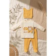 Hoppa Cool Bear Nakışlı Ribanalı Bebek Takımı - Ekru ve Sarı Renk %100 Pamuklu 3'lü Kombin