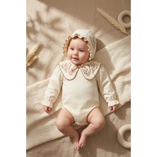 Hoppa Bebek Kız Vintage Nakışlı Uzun Kollu Krem Body ve Şapka Takımı - %100 Pamuklu Dokulu Lavanta Işleme