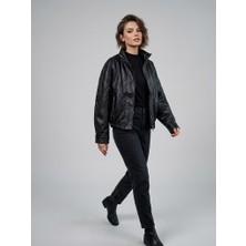 On Triko Vintage Deri Ceket Dik Yaka Cepli Bomber Model Suni Deri Mont 10707