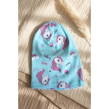 Hoppa Kız Çocuk Mavi Unicorn Desenli Pamuklu Esnek Penye Bere - Gümüş Sim Detaylı Mevsimlik Çocuk Şapkası