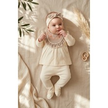 Hoppa Aura Vintage Çiçek Işlemeli Ekru Bebek Takımı - 3'lü Pamuklu Hastane Çıkışı ve Bandana Seti