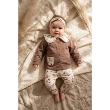 Hoppa Kız Bebek Kahve Çiçek Detaylı Bebe Yaka Düğmeli Hırka ve Fitilli Tayt Ikili Takım - %100 Pamuklu Yu