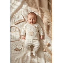 Hoppa Nuvola Teddy Ayıcık Nakışlı 5'li Bebek Hastane Çıkışı Seti - %100 Pamuk Krem Ekose Desenli Yenidoğa