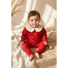 Hoppa Kız Bebek Kırmızı Kalp Desenli Bebe Yakalı Sweatshirt ve Fitilli Tayt 2'li Takım - Pamuklu Yumuşak