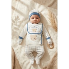 Hoppa Nuvola Teddy Ayıcık Nakışlı 5'li Bebek Hastane Çıkışı Seti - %100 Pamuk Mavi Ekose Desenli Yenidoğa