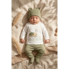Hoppa Turtle Hug %100 Pamuklu 3’lü Yenidoğan Bebek Takımı 0-3 Ay - Yan Çıtçıtlı Üst, Patikli Pantolon ve