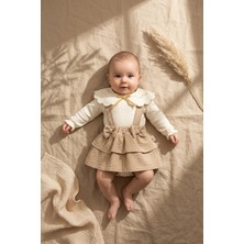 Hoppa Kız Bebek Kahve Müslin Salopet Etek ve Fisto Yakalı Body Kombini - Vintage Stil Şık Bebek Takımı