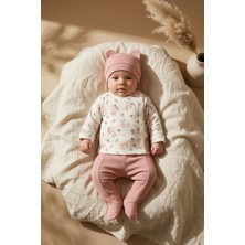Hoppa %100 Pamuklu 3'lü Kız Bebek Takımı - Tavşan Desenli Kimono Üst, Patikli Pantolon ve Kulaklı Bere Se