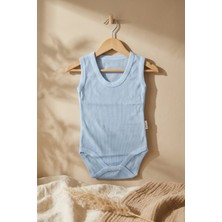 Hoppa Jakarlı Nefes Alan Mavi %100 Pamuklu Askılı Bebek Body - Boho Stil Organik Dokulu Yazlık Zıbın