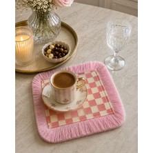 Karam Home Pembe Ekose Püsküllü Kahve Yanı Sunumluğu